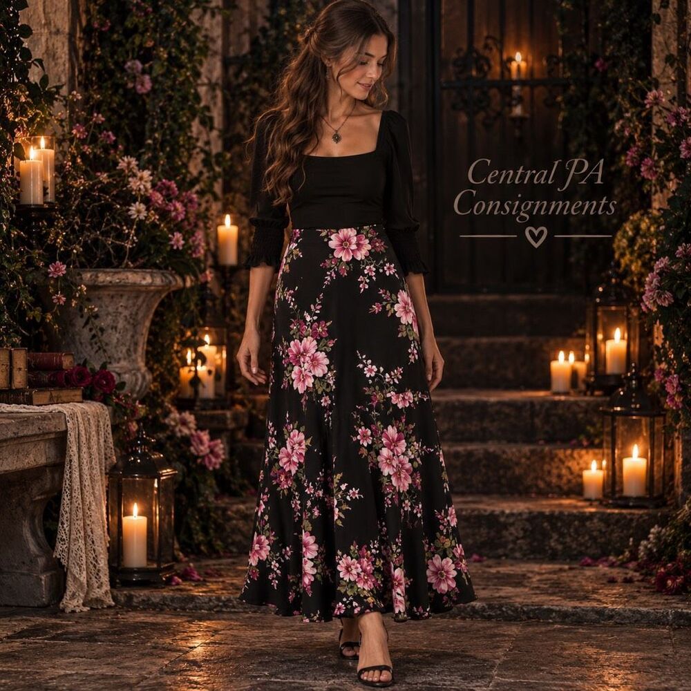 The Pyramid Collection Floral Boho Pull-on Maxi Skirt Women's Black Pink 1X NEW